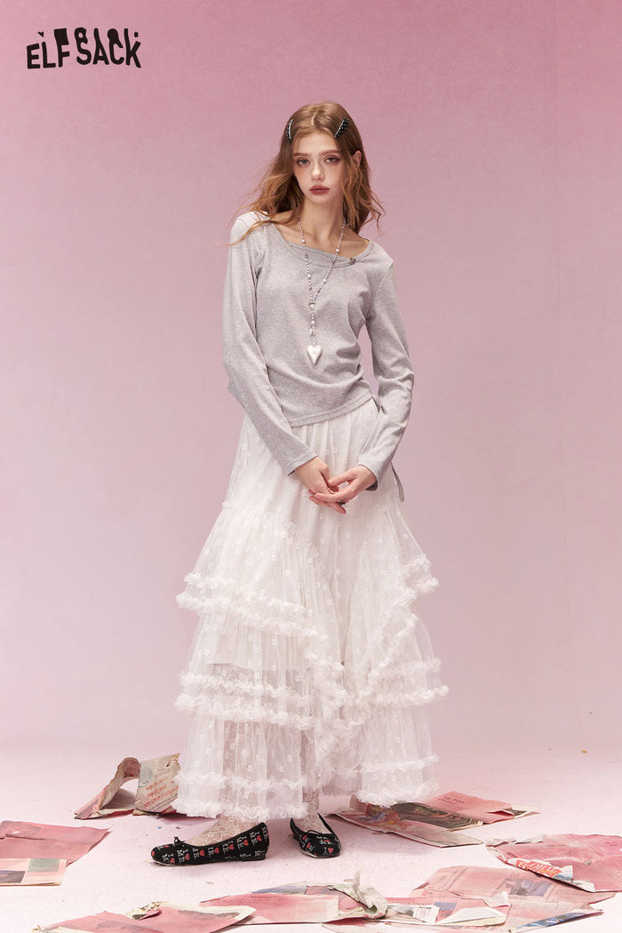 ELFSACK Sweet Lace Trim Tiered Midi Skirt