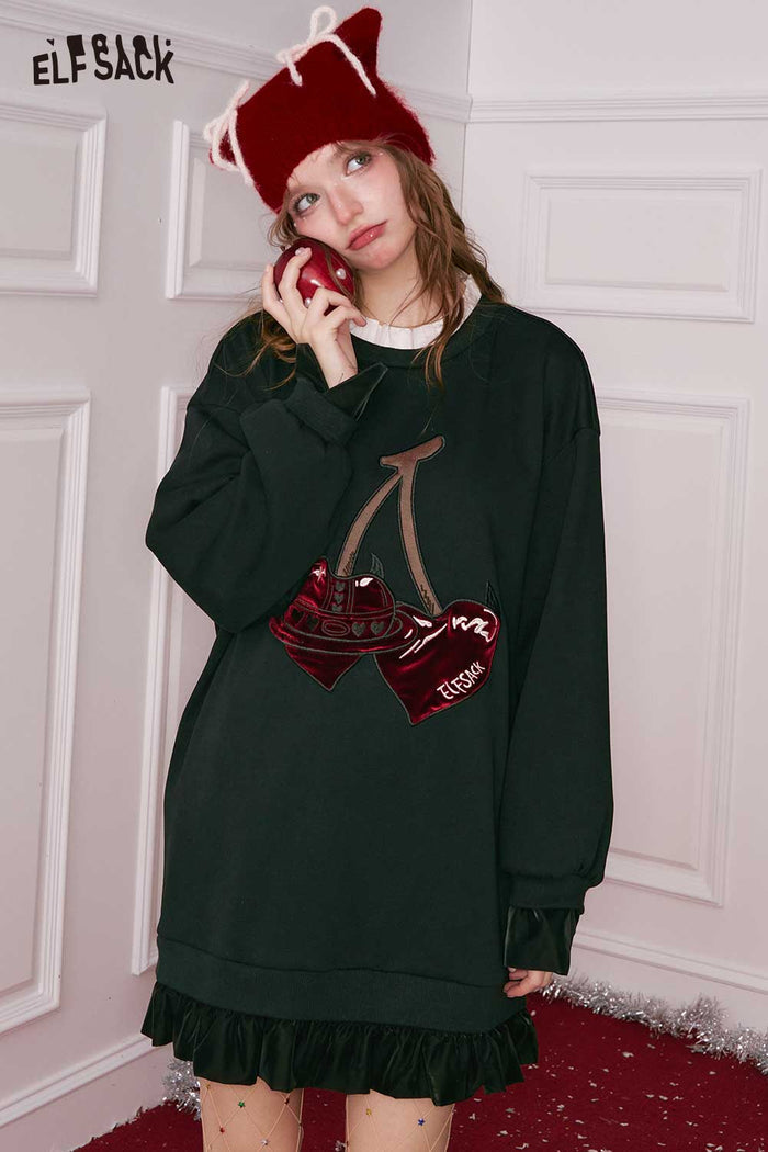 ELFSACK Sweet Loose Cherry Embroidery Faux Collar Ruffle Hem Short Dress