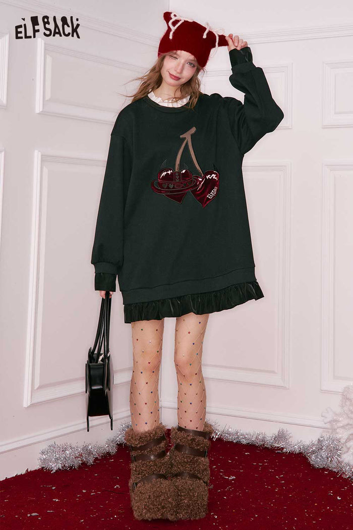 ELFSACK Sweet Loose Cherry Embroidery Faux Collar Ruffle Hem Short Dress