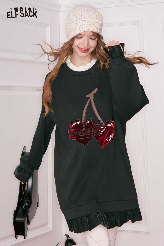 ELFSACK Sweet Loose Cherry Embroidery Faux Collar Ruffle Hem Short Dress