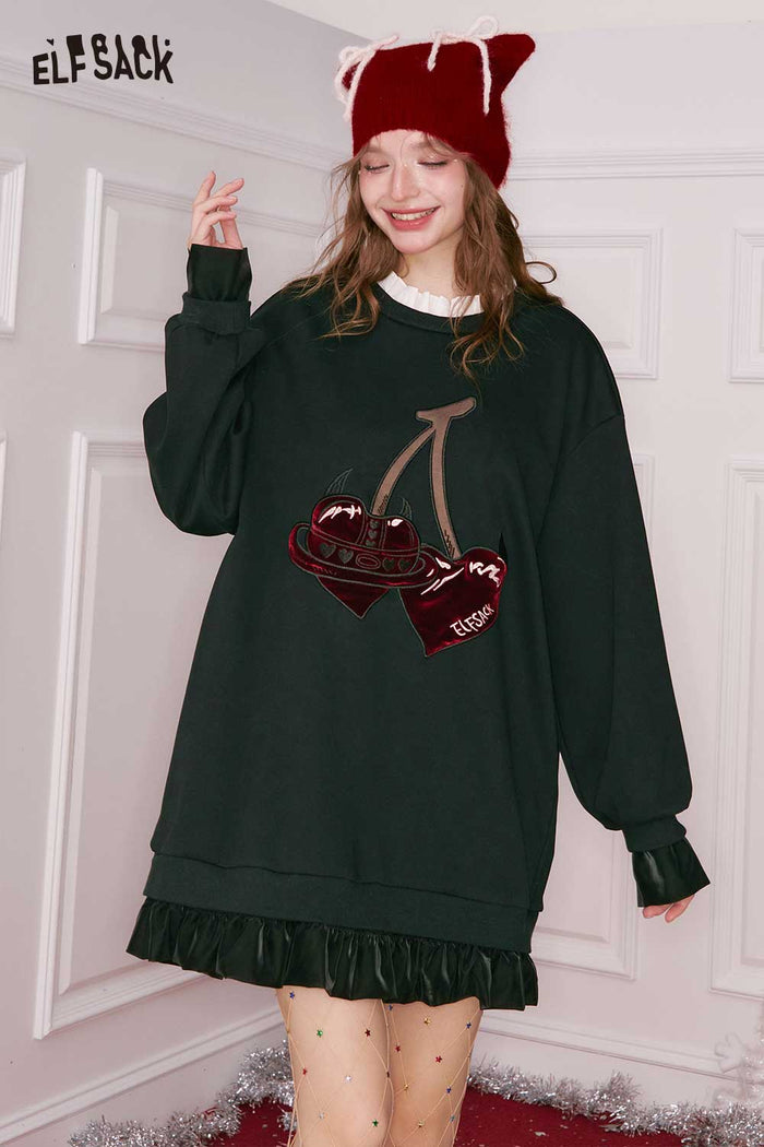 ELFSACK Sweet Loose Cherry Embroidery Faux Collar Ruffle Hem Short Dress