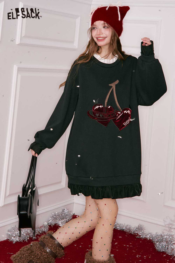 ELFSACK Sweet Loose Cherry Embroidery Faux Collar Ruffle Hem Short Dress