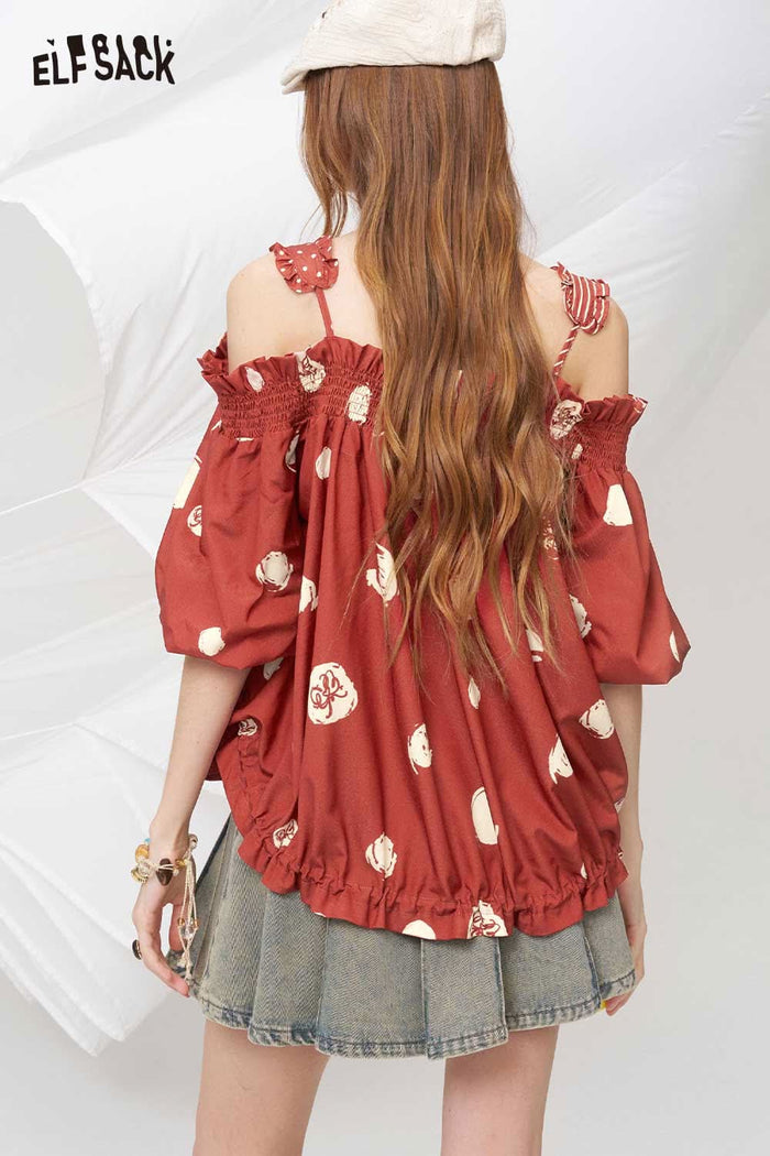 ELFSACK Sweet Off-Shoulder Printed Blouse
