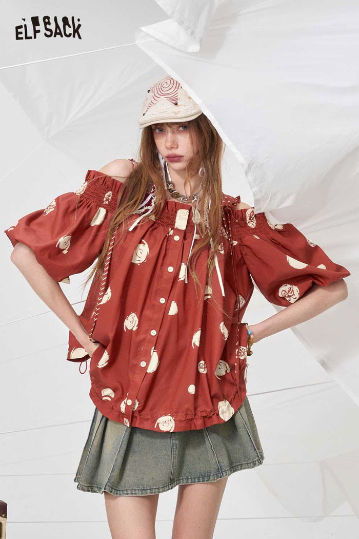 ELFSACK Sweet Off-Shoulder Printed Blouse