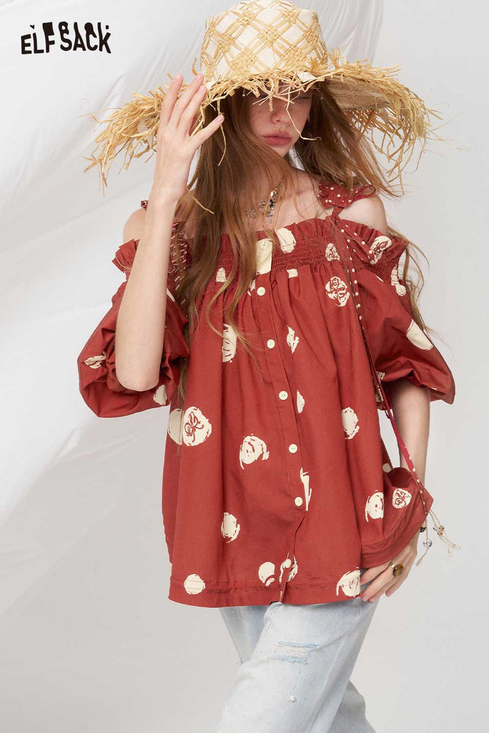 ELFSACK Sweet Off-Shoulder Printed Blouse