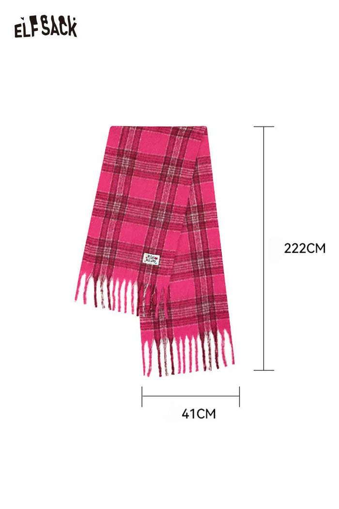 ELFSACK Sweet Rose Pink Plaid Color Block Striped Braid Fringe Scarf