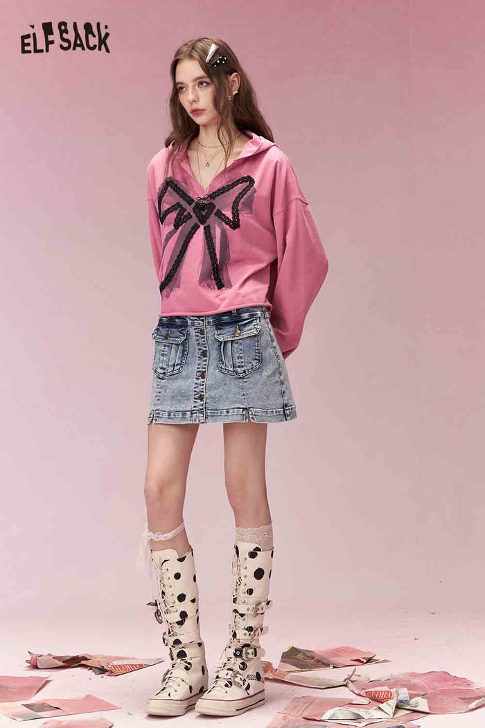ELFSACK Sweet Spicy Girly Lace Bow Hooded Cropped Sweatshirt