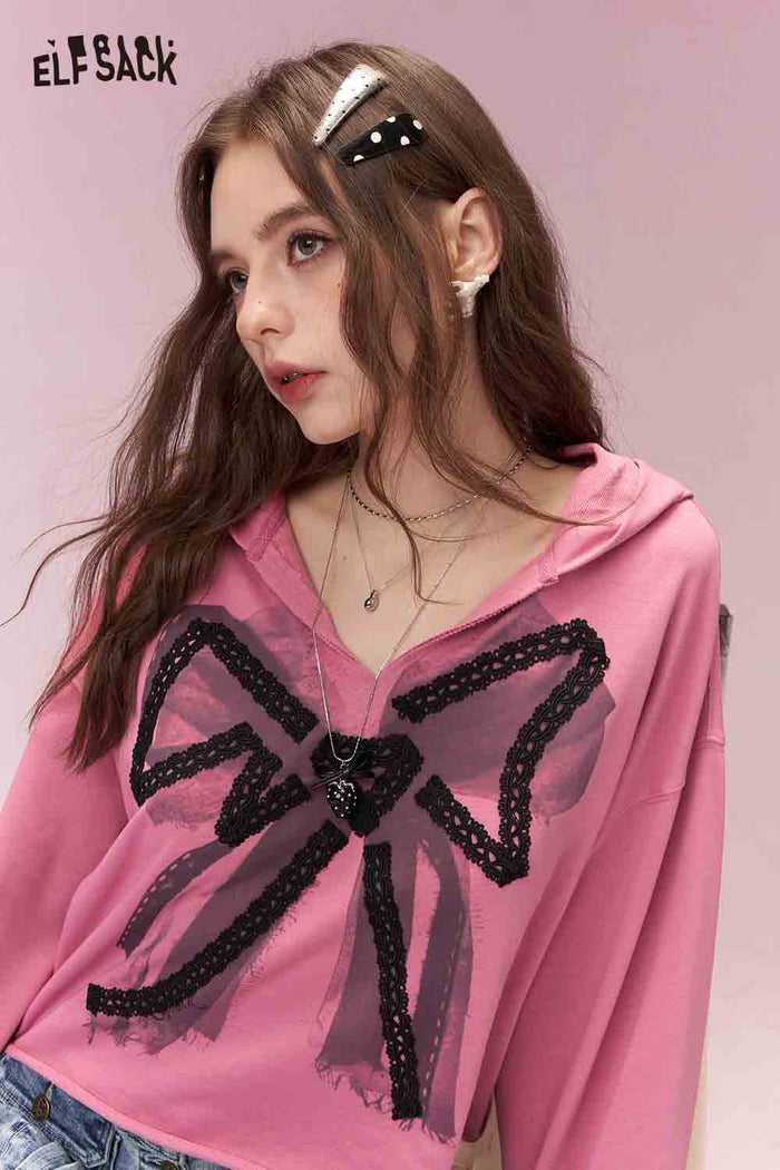 ELFSACK Sweet Spicy Girly Lace Bow Hooded Cropped Sweatshirt