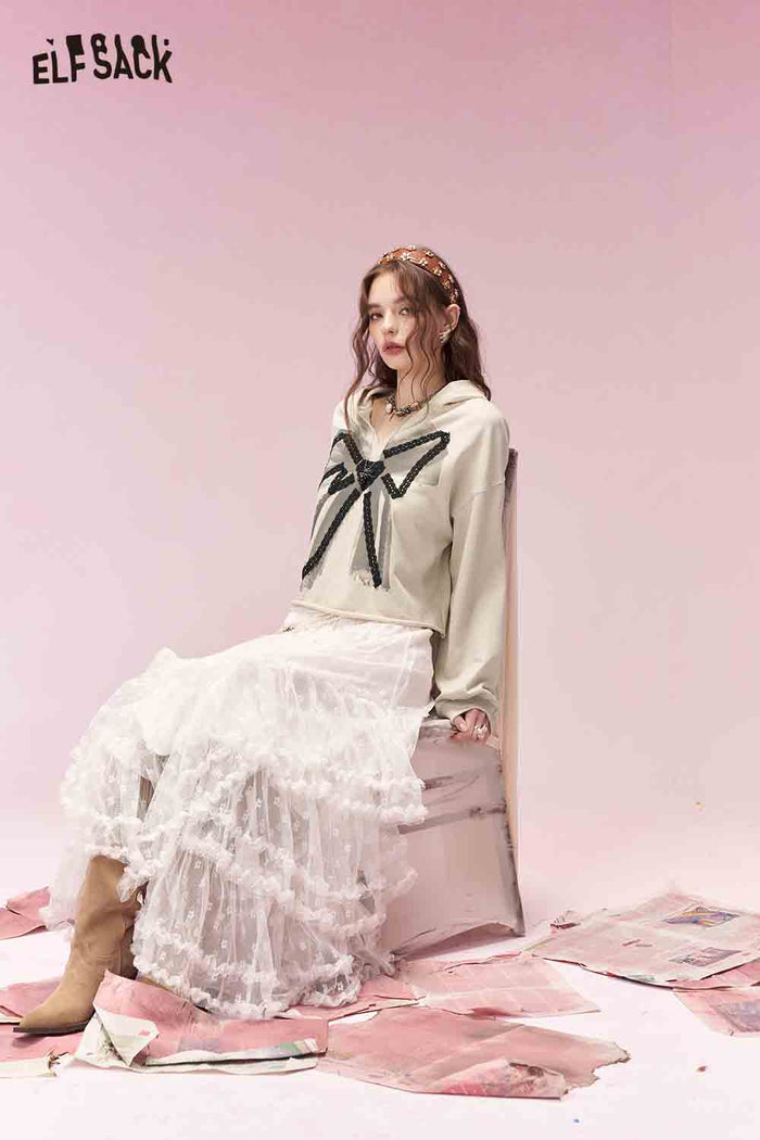 ELFSACK Sweet Spicy Girly Lace Bow Hooded Cropped Sweatshirt