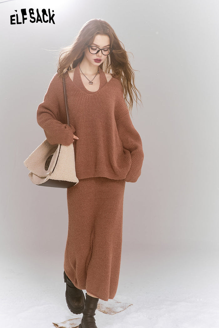 ELFSACK Sweet V-neck knitted pullover Halter Skirt two-piece set