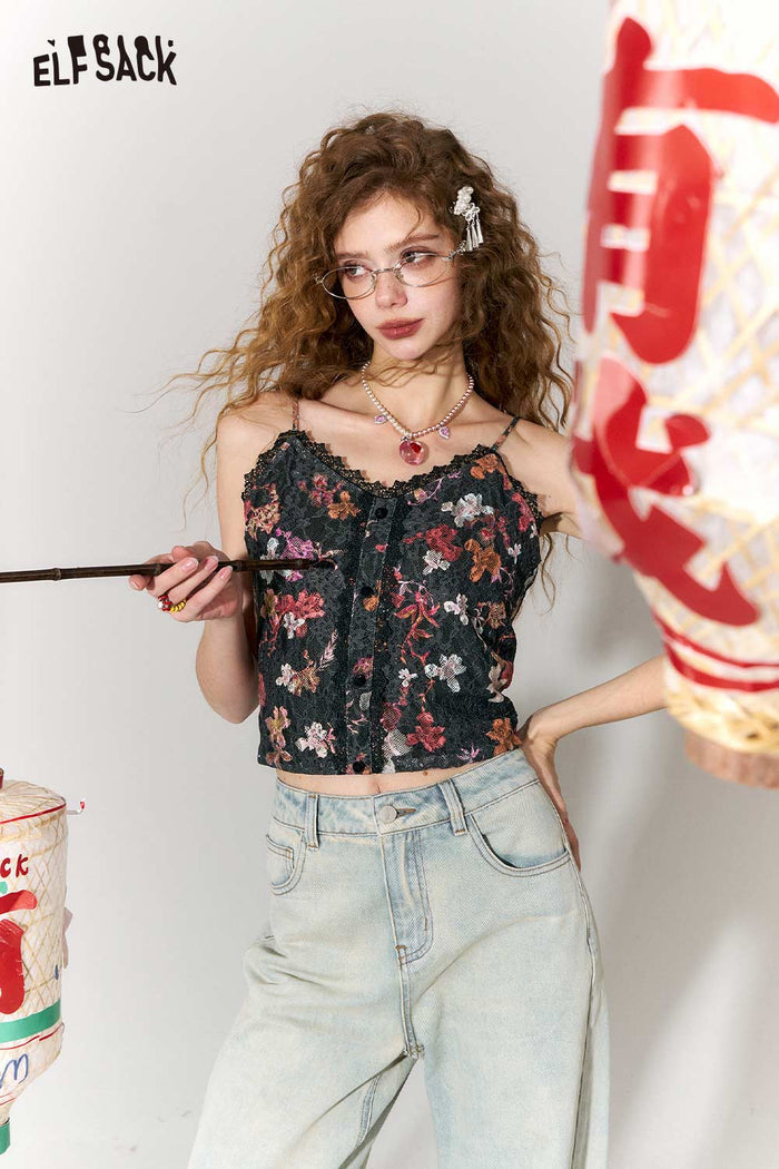 ELFSACK Sweet Velvet Floral Graphic Lace Trim Bustier Slip Top
