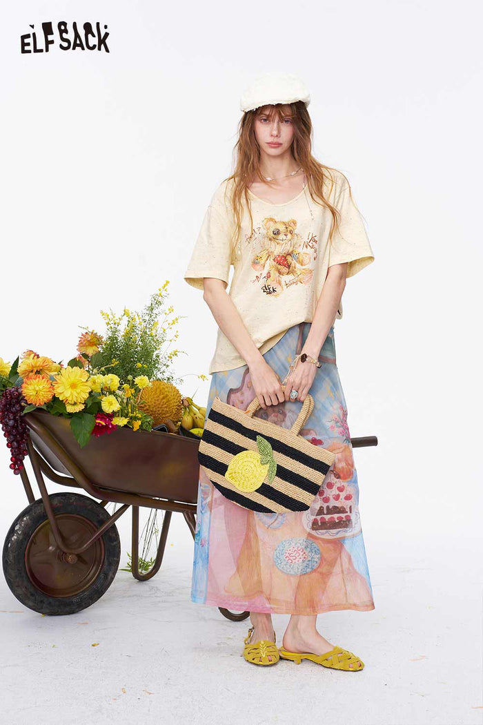 ELFSACK Teddy Bear Print V-Neck Knit Top