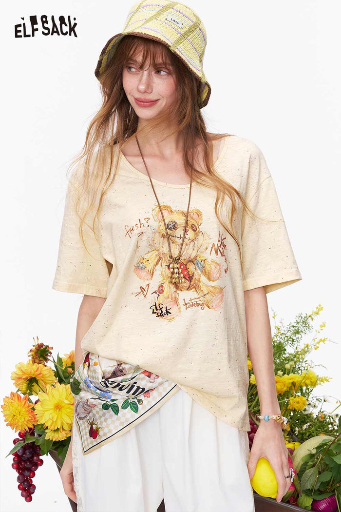 ELFSACK Teddy Bear Print V-Neck Knit Top