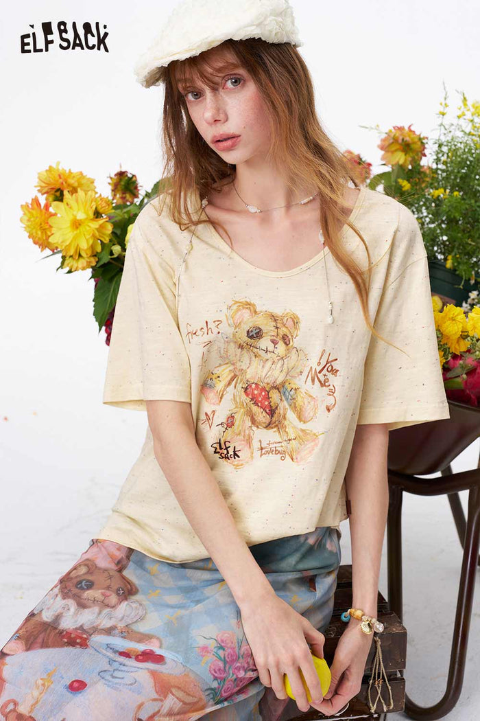 ELFSACK Teddy Bear Print V-Neck Knit Top