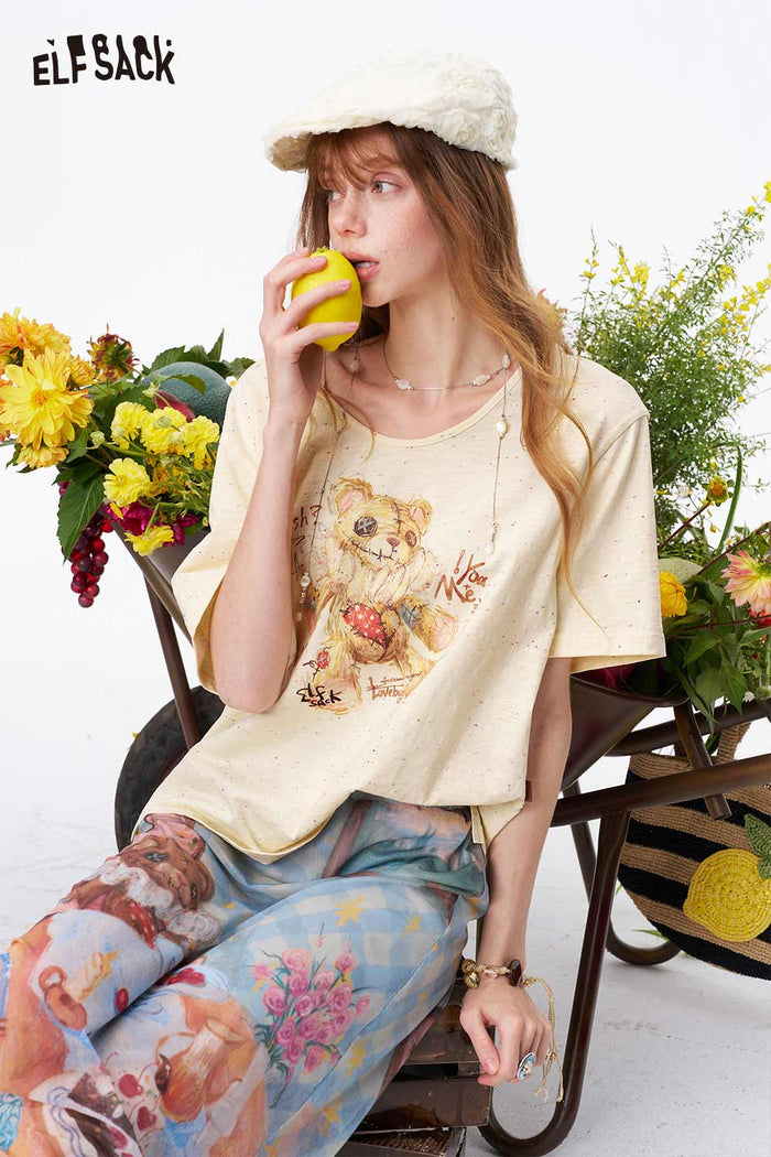 ELFSACK Teddy Bear Print V-Neck Knit Top
