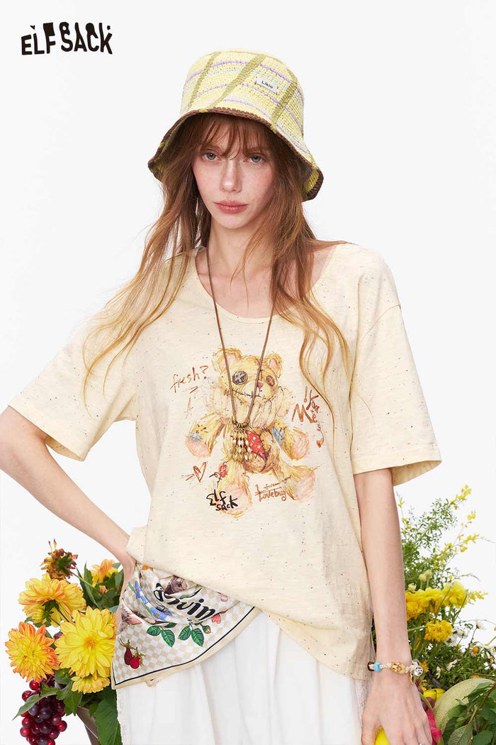 ELFSACK Teddy Bear Print V-Neck Knit Top