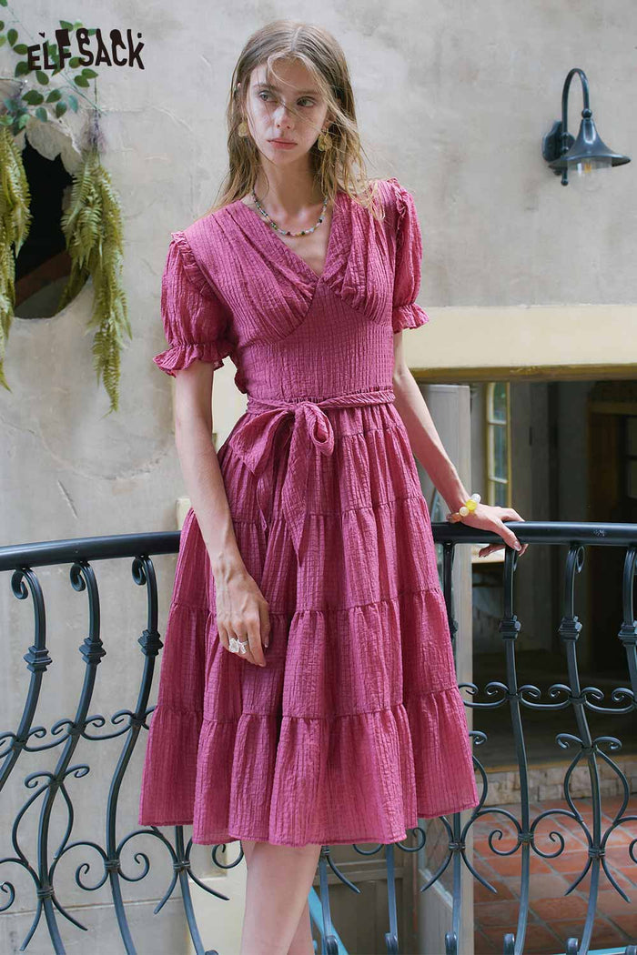 ELFSACK Textured Tiered Ruffle V Neck Midi Dress