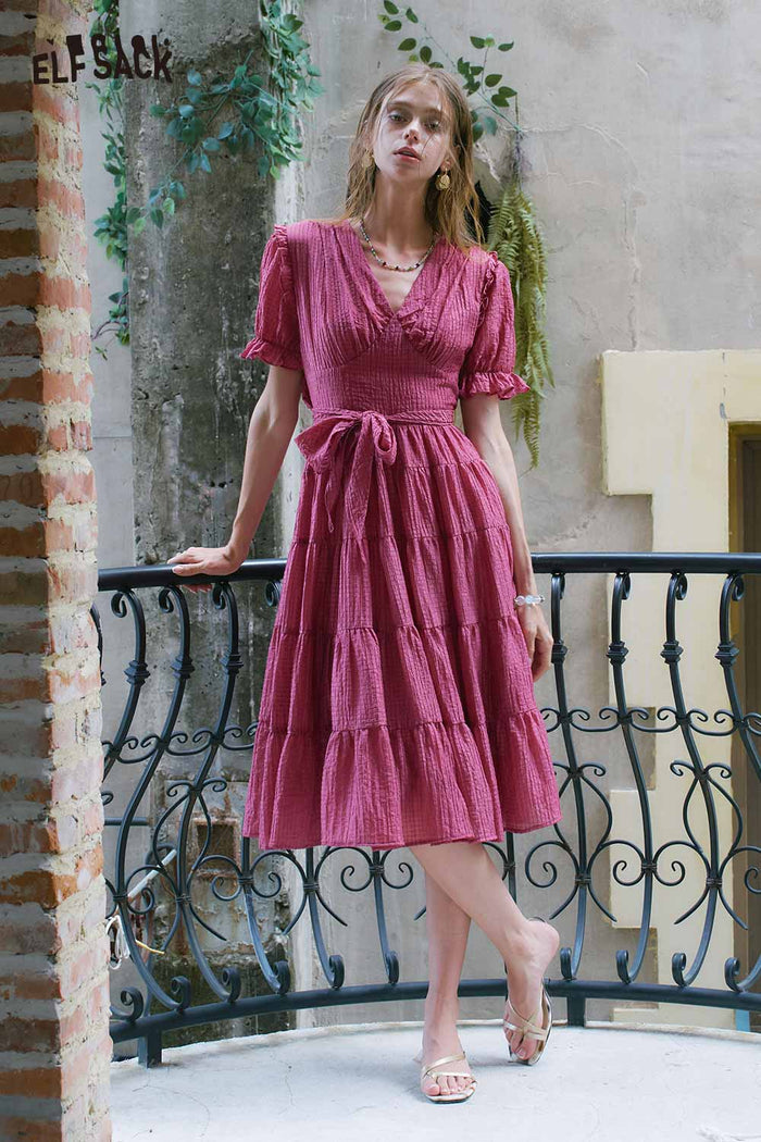 ELFSACK Textured Tiered Ruffle V Neck Midi Dress