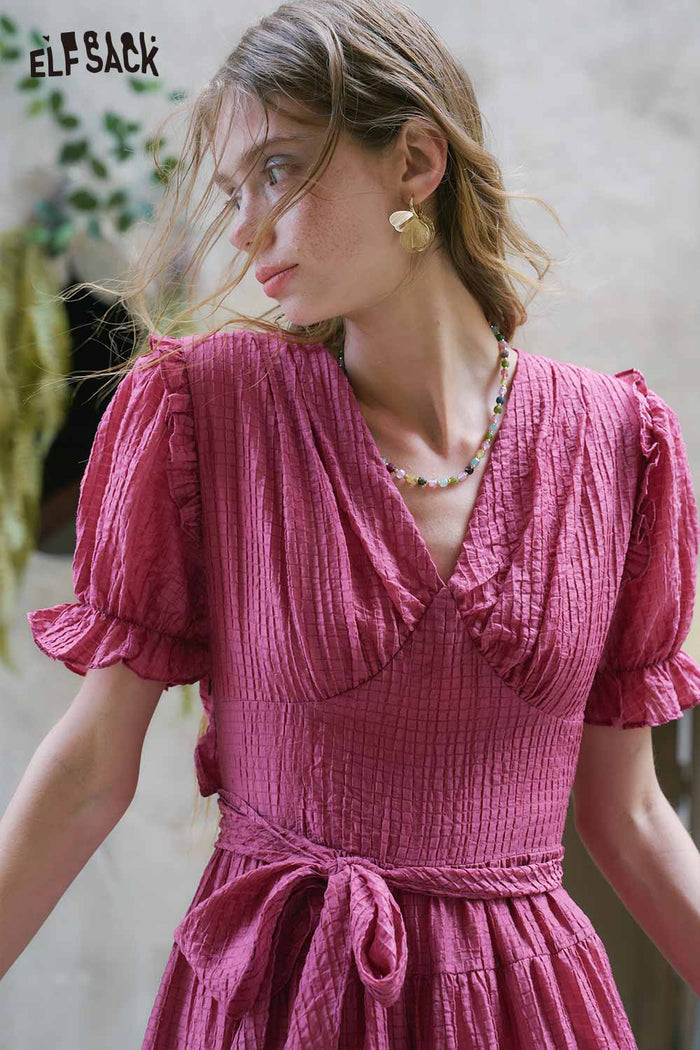 ELFSACK Textured Tiered Ruffle V Neck Midi Dress