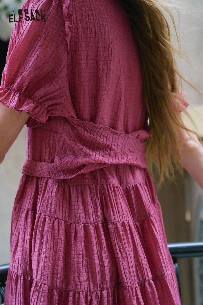 ELFSACK Textured Tiered Ruffle V Neck Midi Dress
