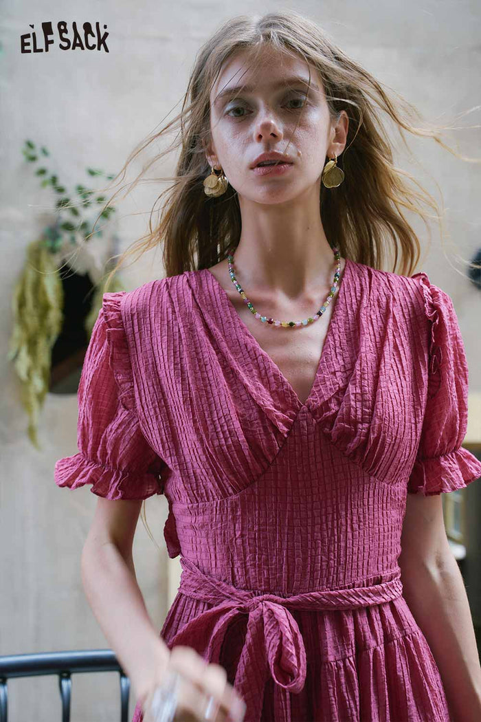 ELFSACK Textured Tiered Ruffle V Neck Midi Dress