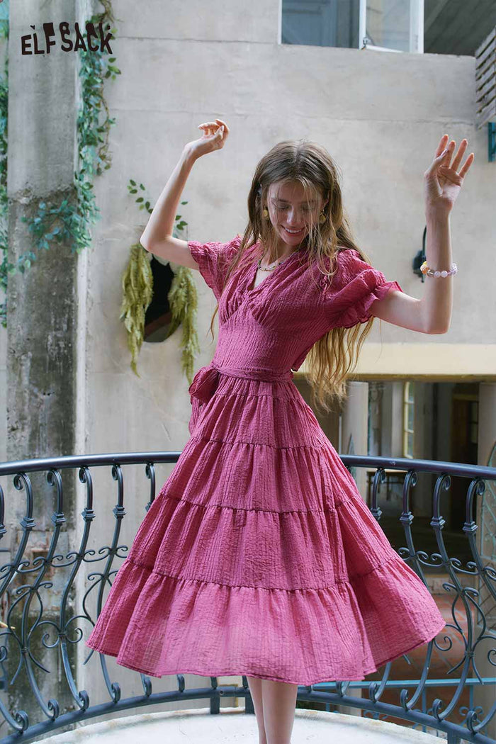 ELFSACK Textured Tiered Ruffle V Neck Midi Dress