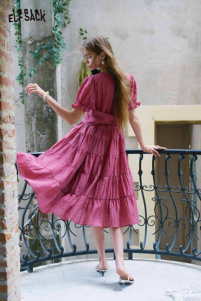 ELFSACK Textured Tiered Ruffle V Neck Midi Dress