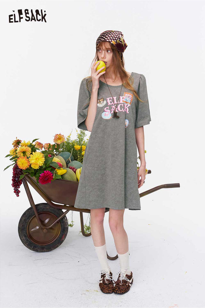 ELFSACK Tie Back Bear Embroidery Dress