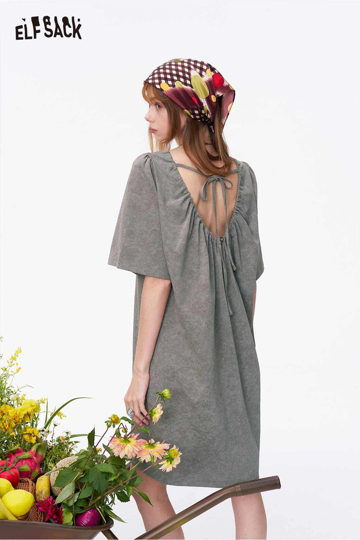 ELFSACK Tie Back Bear Embroidery Dress