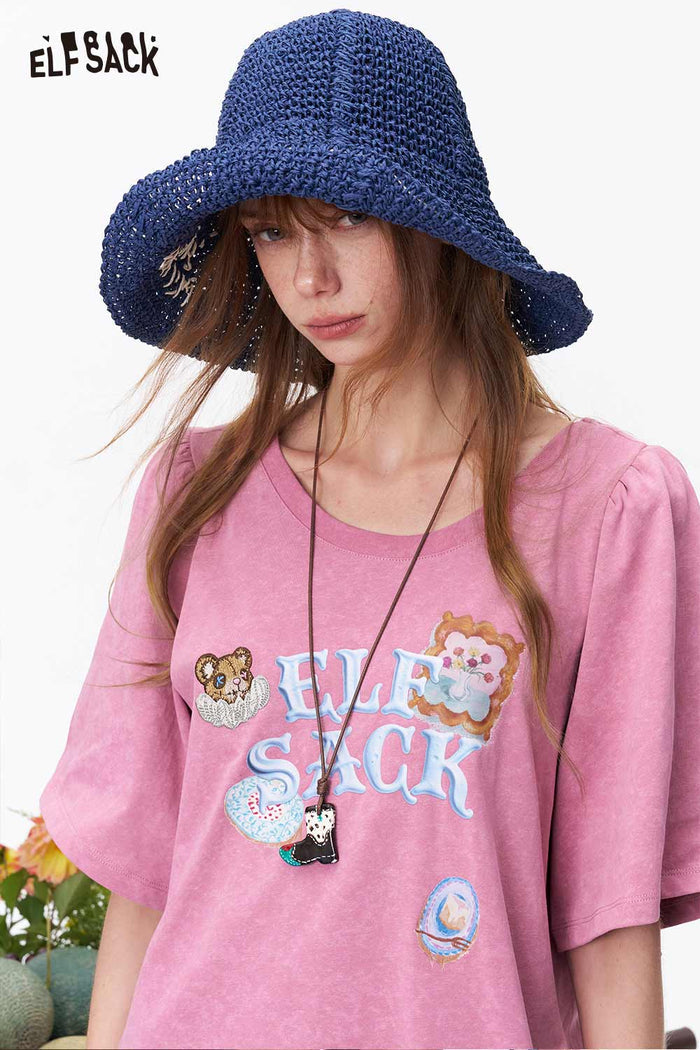 ELFSACK Tie Back Bear Embroidery Dress