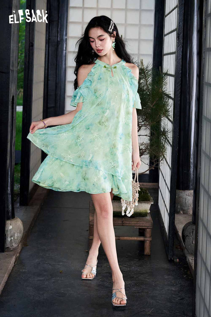 ELFSACK Tie-Dye Embroidered Halter Layered Midi Dress