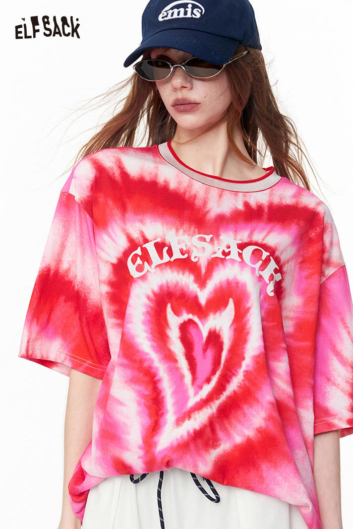 ELFSACK Tie-Dye Heart Print Oversized T-Shirt