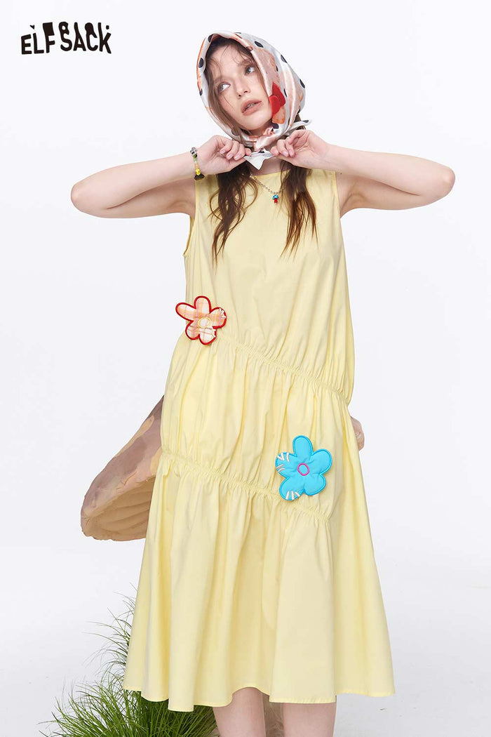 ELFSACK Tiered Dress with 3D Flower Patches