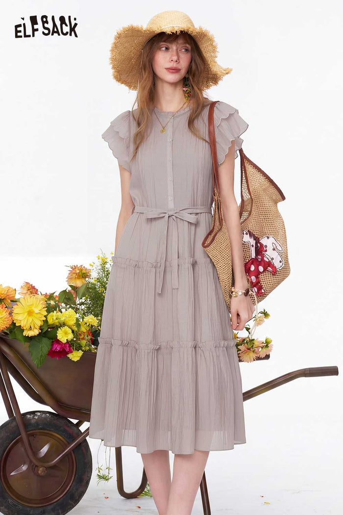 ELFSACK Tiered Ruffle Flutter Sleeve Midi Dress