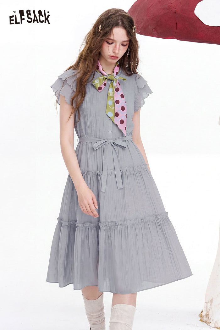ELFSACK Tiered Ruffle Flutter Sleeve Midi Dress