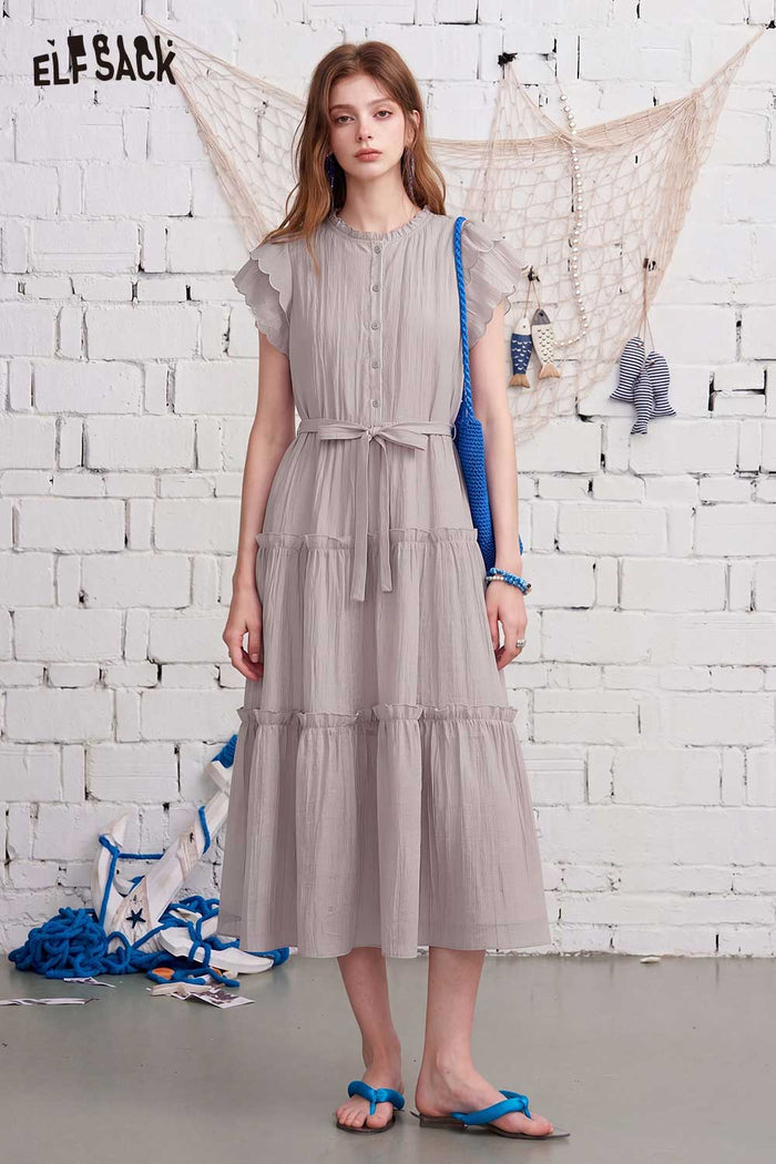 ELFSACK Tiered Ruffle Flutter Sleeve Midi Dress