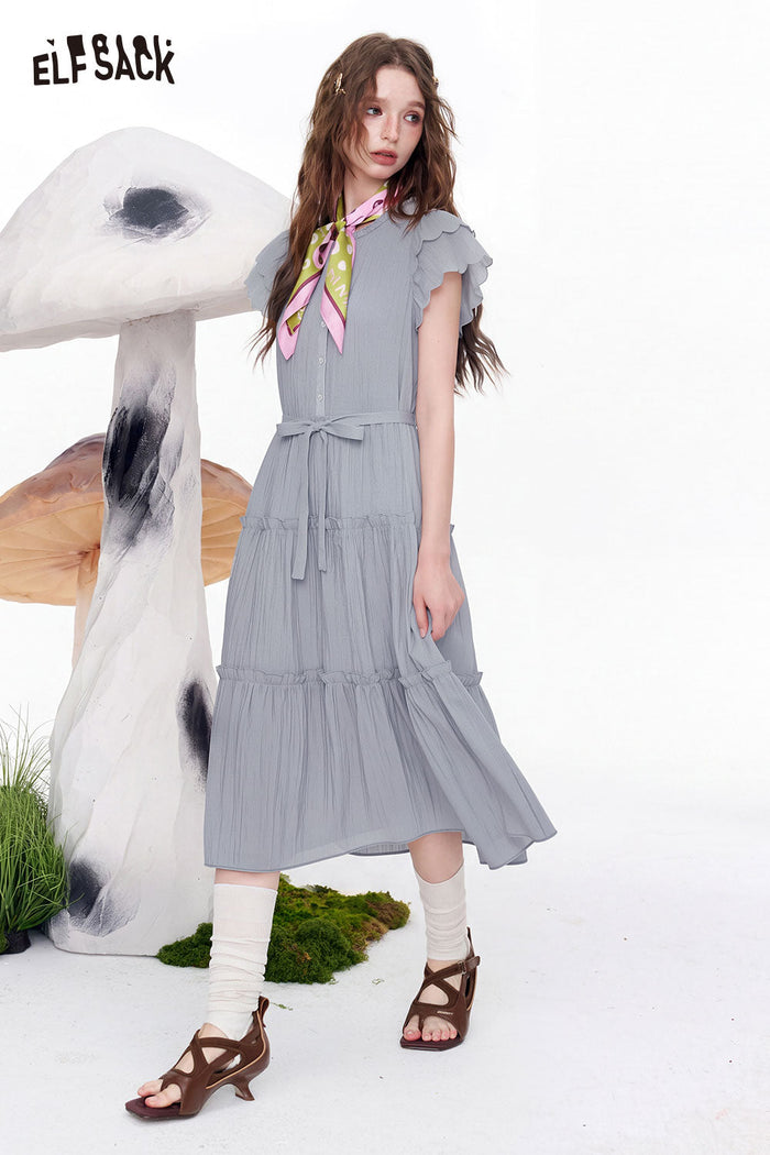 ELFSACK Tiered Ruffle Flutter Sleeve Midi Dress