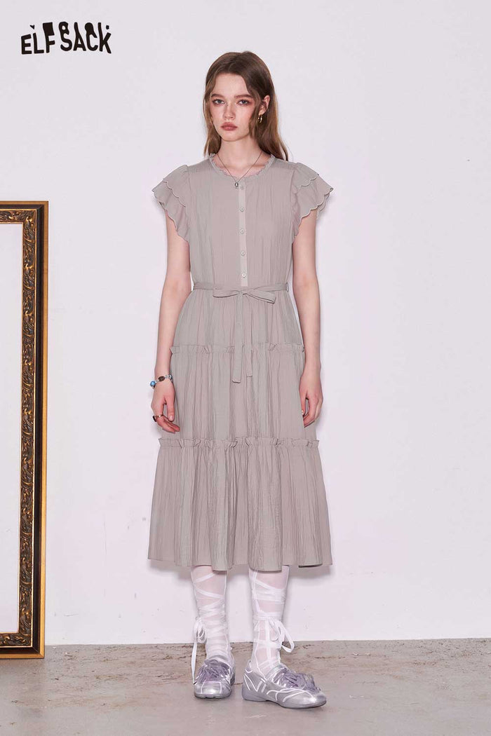 ELFSACK Tiered Ruffle Flutter Sleeve Midi Dress