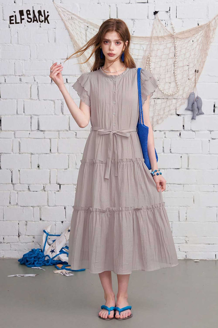 ELFSACK Tiered Ruffle Flutter Sleeve Midi Dress