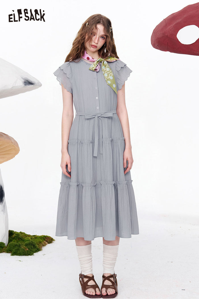 ELFSACK Tiered Ruffle Flutter Sleeve Midi Dress