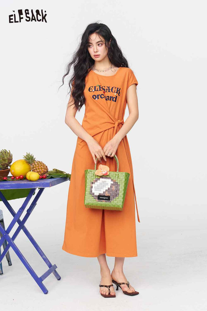 ELFSACK Twist Waist Letter Print Midi Dress