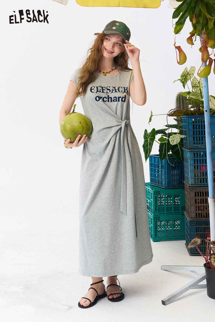 ELFSACK Twist Waist Letter Print Midi Dress