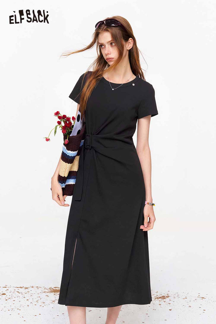 ELFSACK Twist Waist Split Hem Knit Midi Dress