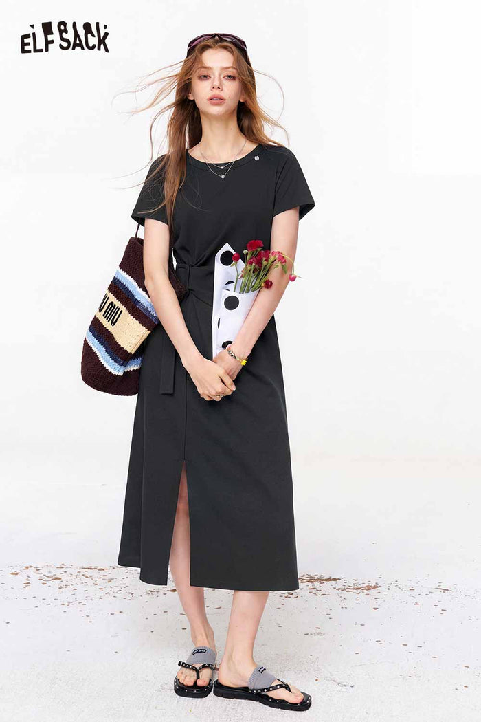 ELFSACK Twist Waist Split Hem Knit Midi Dress