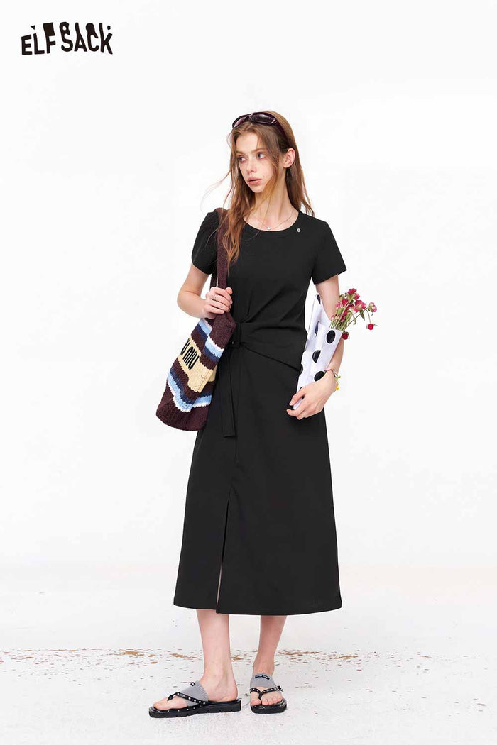 ELFSACK Twist Waist Split Hem Knit Midi Dress