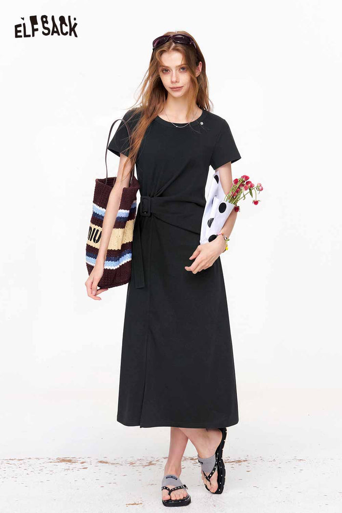 ELFSACK Twist Waist Split Hem Knit Midi Dress