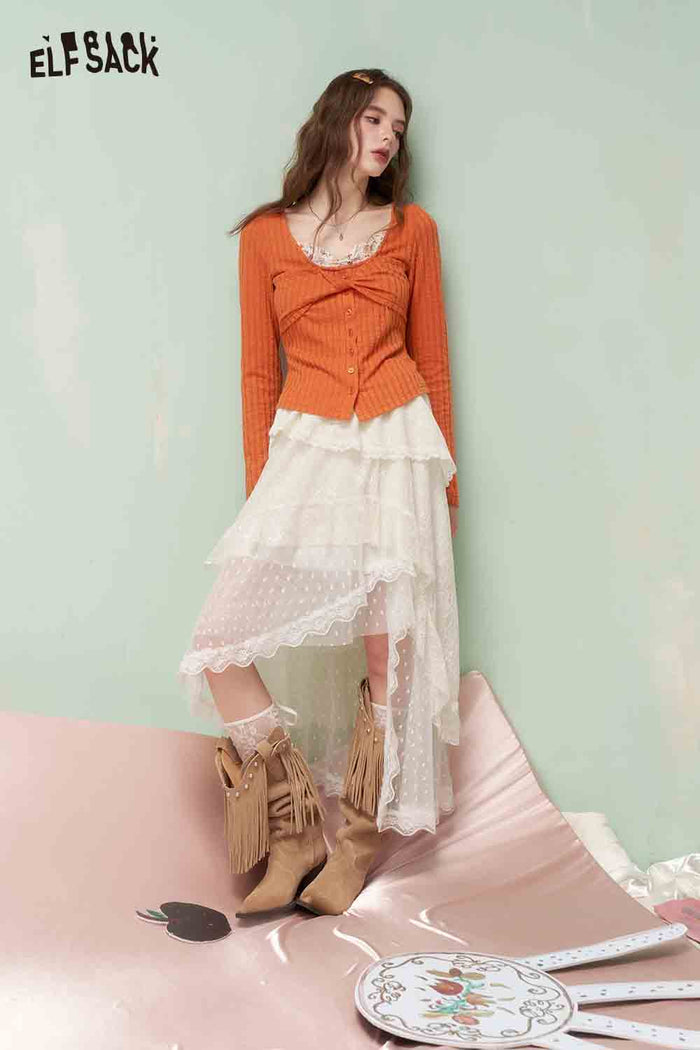 ELFSACK Two Tone Knit Sweater with Floral Patch & Lace Trim