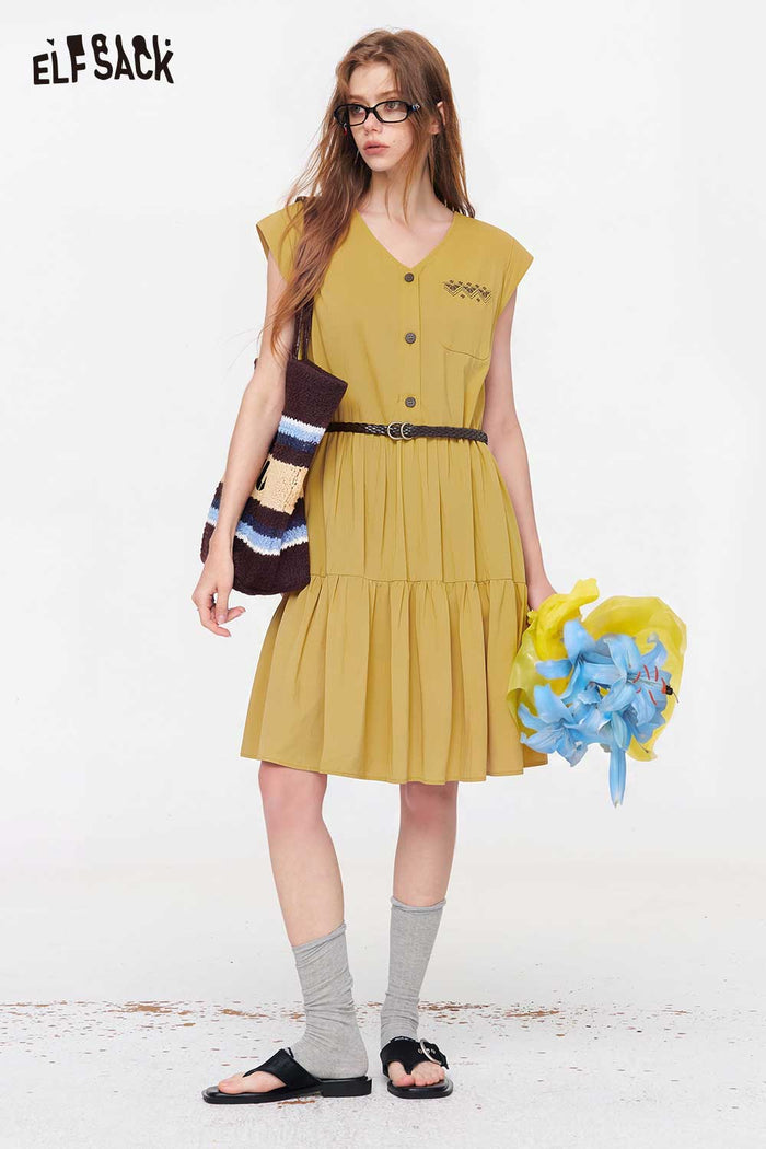 ELFSACK V-Neck Belted Tiered Button-Front Dress