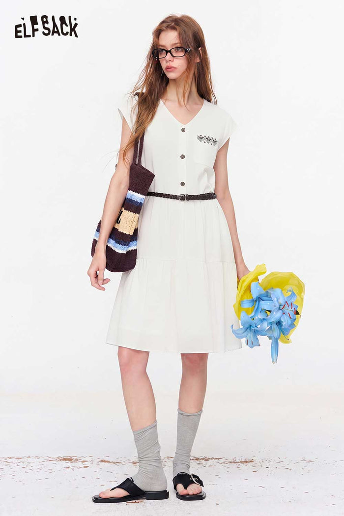 ELFSACK V-Neck Belted Tiered Button-Front Dress