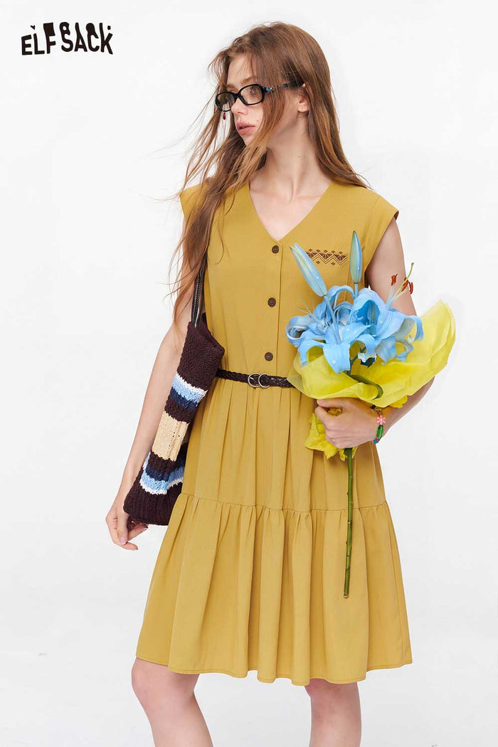 ELFSACK V-Neck Belted Tiered Button-Front Dress